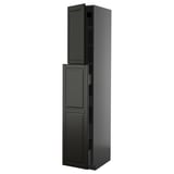 Tall black kitchen cabinet, modern design, glossy finish, multiple shelves, fully assembled.