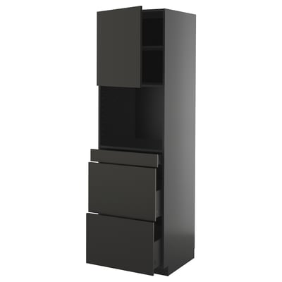 A tall black kitchen cabinet unit with a modern design, featuring one open shelf and two drawers.