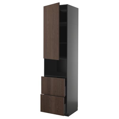 Modern tall dark wood cabinet, with two drawers and an open shelf compartment.
