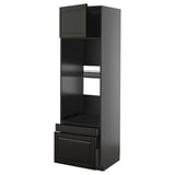 Black ikea METOD tall kitchen unit with open shelves and drawers.