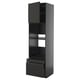 Modern black kitchen unit, tall with shelves and drawers, sleek minimalist design.