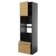 Modern dark gray kitchen unit with light wood accents. Tall cabinet with shelves and drawers.
