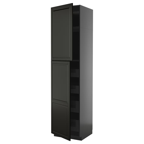 A tall, dark grey METOD kitchen cabinet with two doors and shelves inside.