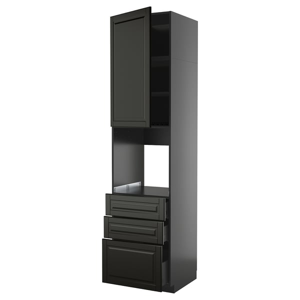 METOD kitchen unit in black with cabinet, drawers, and open shelf.