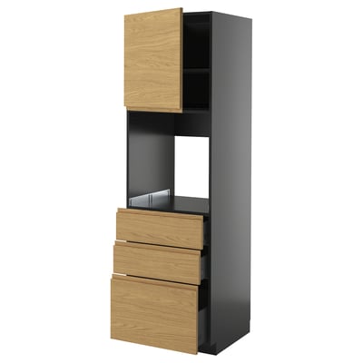 Modern kitchen unit, grey and oak, tall with drawers and open shelf space.