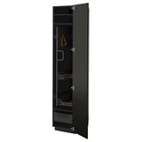 Black METOD kitchen cabinet with beveled edges, open doors revealing adjustable shelves and drawers.