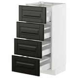 A white METOD kitchen cabinet with four black bodbyn drawers. It has a modern design with beveled edges and a sturdy construction.