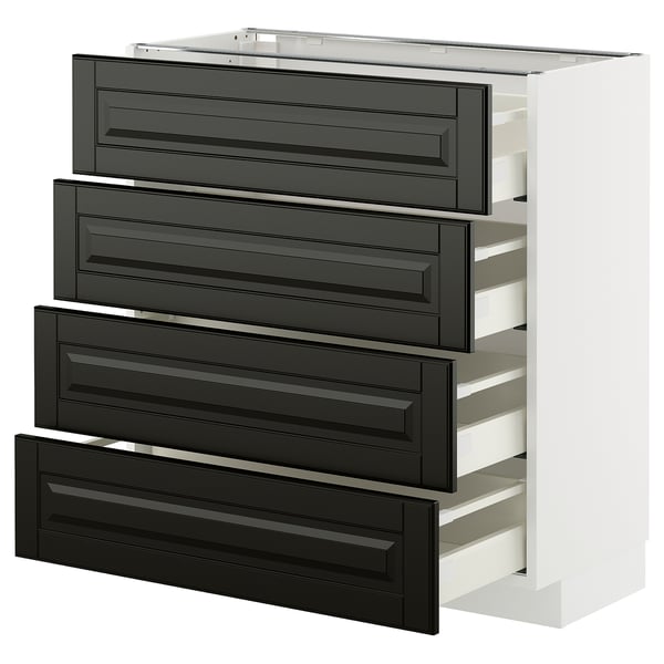 Modern gray kitchen unit with four pull-out drawers, sleek handles, and white cabinet.