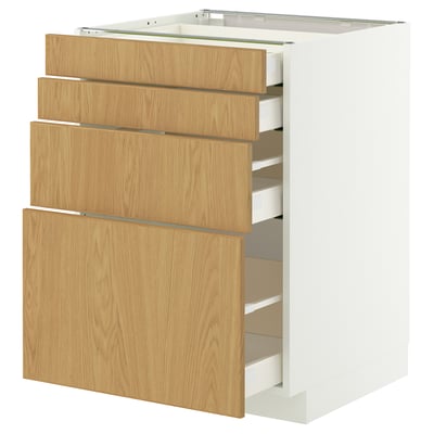 METOD kitchen cabinet with 4 oak-veneer drawers, white, sturdy, soft-close.
