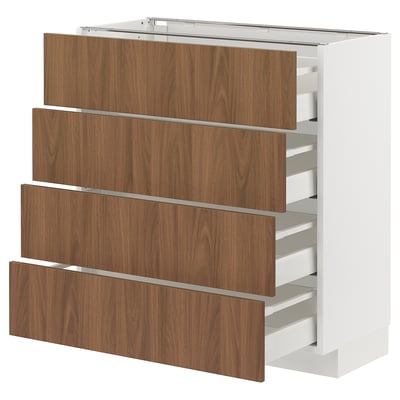 METOD kitchen unit in white with walnut effect drawers, rectangular, four drawers.