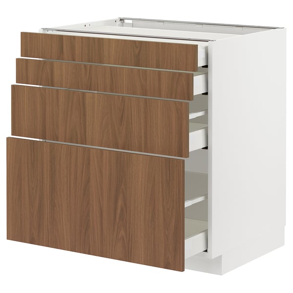 Wooden and white kitchen cabinet with four drawers, modern walnut look, smooth surfaces.