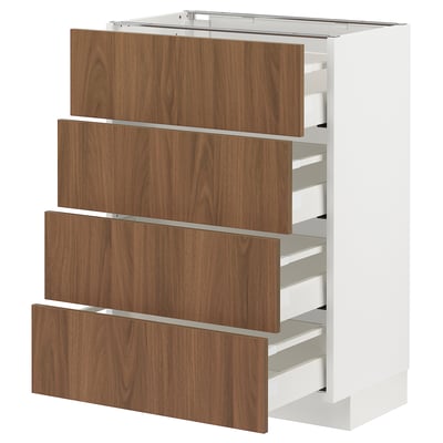 A white and brown wooden kitchen cabinet unit with four drawers featuring a sleek design.