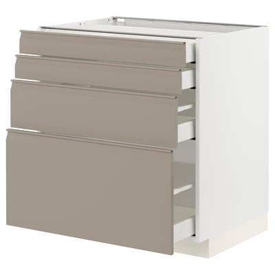 Modern kitchen unit with beige drawers and sleek handles. Multiple self-closing drawers and sturdy construction.