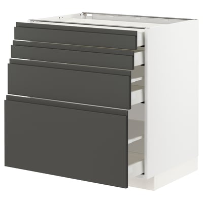 A white and dark grey METOD kitchen cabinet with multiple drawers. Dark grey drawers sit in a white frame, offering a sleek, modern look.
