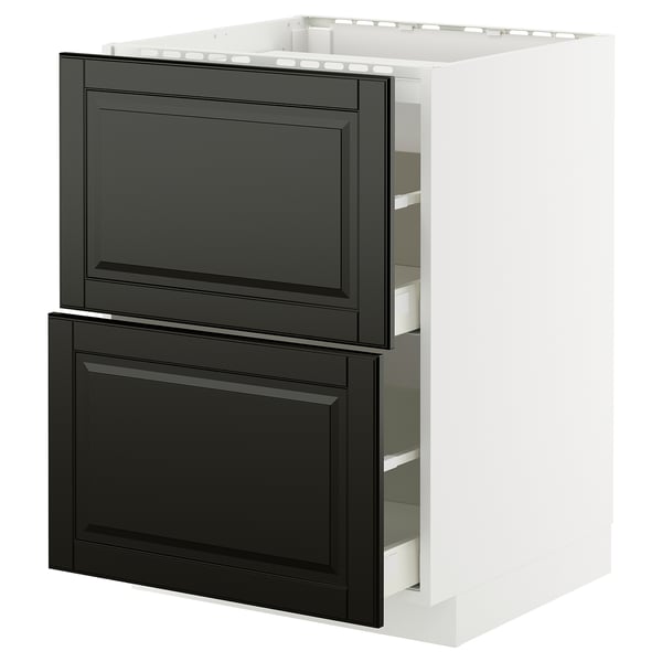 White METOD kitchen cabinet with black bodbyn drawers and pull-out shelves.