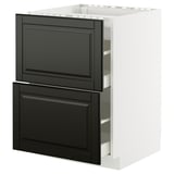 White METOD kitchen cabinet with black bodbyn drawers and pull-out shelves.