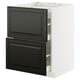 White METOD kitchen cabinet with black bodbyn drawers and pull-out shelves.