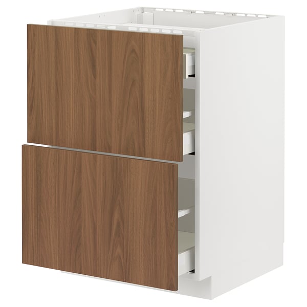 A white METOD kitchen cabinet with wooden drawers. The drawers have a smooth dark brown finish with simple handles.