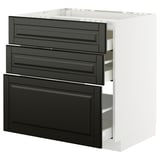 Modern black kitchen cabinet with three drawers and sleek design.