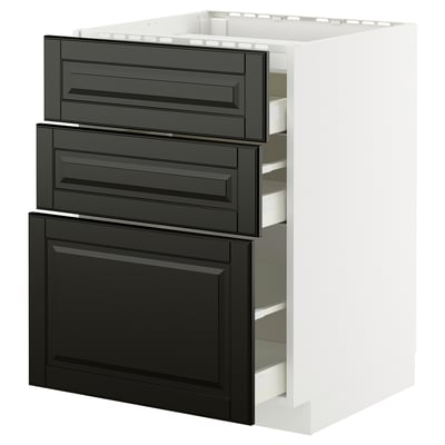 Black METOD drawers, modern design, white cabinet, sleek.