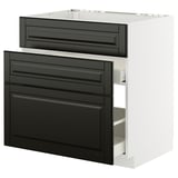 Modern black kitchen cabinet, part of METOD system, three drawers, sleek design, durable glossy finish.