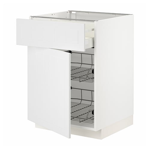 A white METOD kitchen cabinet with a pull-out drawer and multiple shelves for storage. It a modern design with a sturdy frame and smooth surfaces.