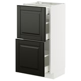 A METOD kitchen cabinet in black with a white frame and beveled edges. It has two drawers that open fully.