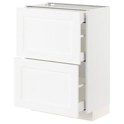White METOD kitchen cabinet with open drawers and doors.