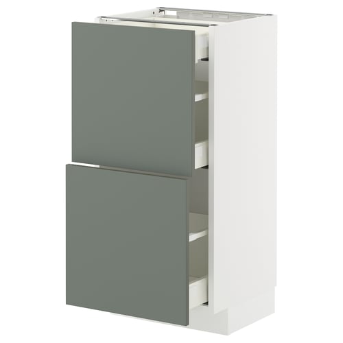 Modern grey-green kitchen cabinet with two drawers and shelves.