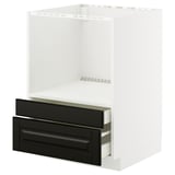 White METOD kitchen cabinet with black bodby drawers, open top, beveled edges.
