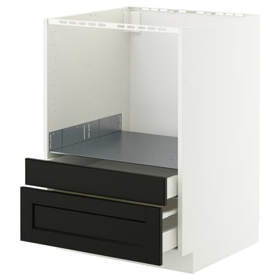Depicts a white METOD kitchen cabinet with black drawers. The frame is white, and the drawers feature a smooth, beveled black finish.