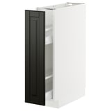 Modern white kitchen cabinet with pull-out black door, sleek design.