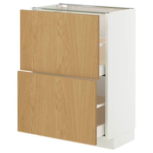 This image an IKEA METOD kitchen cabinet with light wood drawers and white framing. It has two pull-out drawers, ideal for storage.