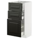 White METOD kitchen cabinet with black drawers and door, beveled edges, glass shelf.