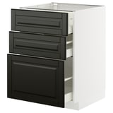 Modern kitchen unit: white cabinet with black, beveled edgar drawers.
