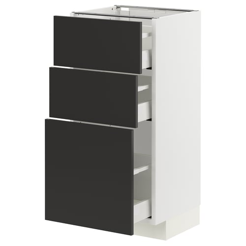 Modern white kitchen cabinet with three black drawers, sleek and minimalist design.