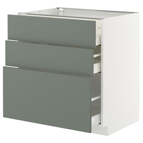 Modern kitchen cabinet with 3 grey-green drawers.
