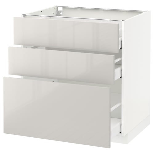 METOD kitchen system with three grey drawers, glossy finish, white background, rectangular shape.
