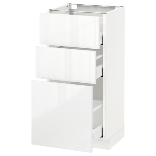 Modern METOD white gloss storage cabinet with 3 smooth drawers.