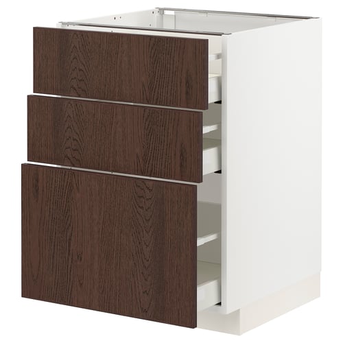 METOD cabinet, white & dark wood drawers, three drawers, square shape, modern kitchen storage.