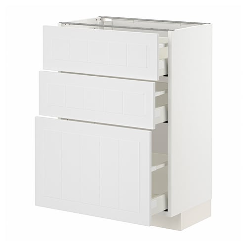 Depicts a white METOD kitchen cabinet with three drawers and a shelf. It a modern design and is constructed from particleboard, fibreboard, and steel.