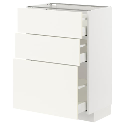 White METOD kitchen cabinet with multiple drawers and shelves.