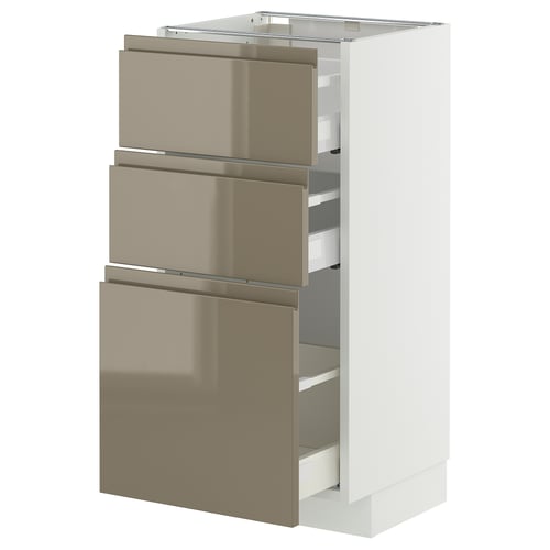 METOD kitchen unit, glossy brown, white drawer fronts, 3 drawers, modern minimalist design.