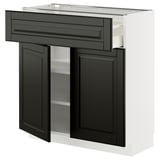 Black & white kitchen cabinet, modern design, dark drawer and doors, white frame, durable material.