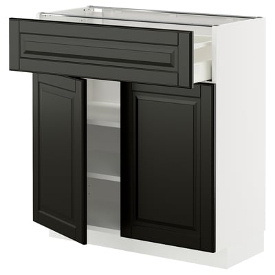 Black & white kitchen cabinet, modern design, dark drawer and doors, white frame, durable material.