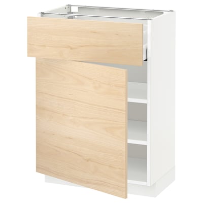 White METOD kitchen cabinet with light ash doors, adjustable shelves, sturdy frame, smooth drawer.
