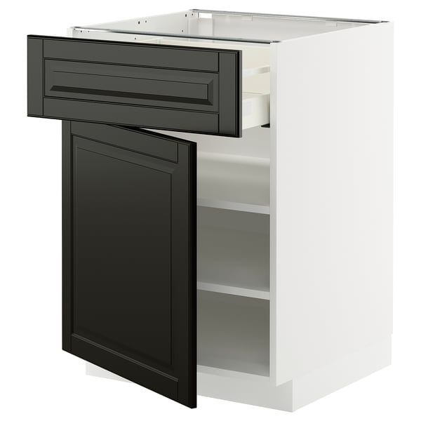 A white METOD kitchen cabinet with a black drawer and door.