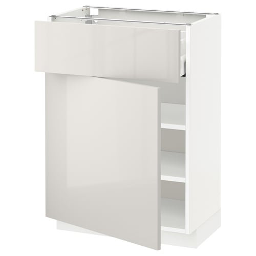 White METOD kitchen unit, glossy finish, square shape, with shelves and drawer.