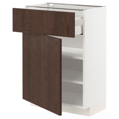 Modern kitchen unit with dark brown wood doors, white cabinet, and adjustable shelves.