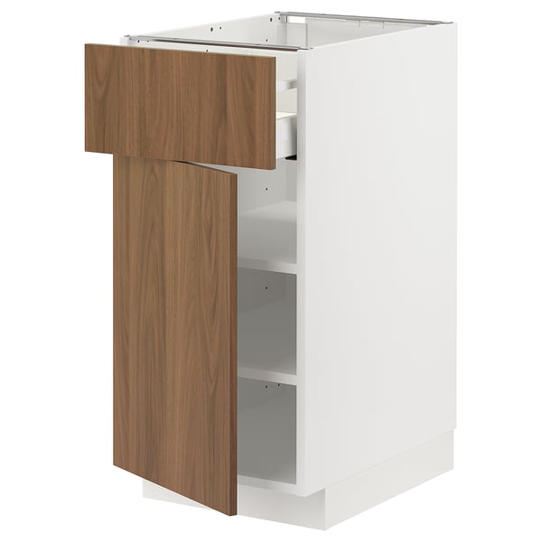 Modern kitchen unit, METOD. White & walnut, sleek design. One open drawer, two shelves. Minimalist, functional.